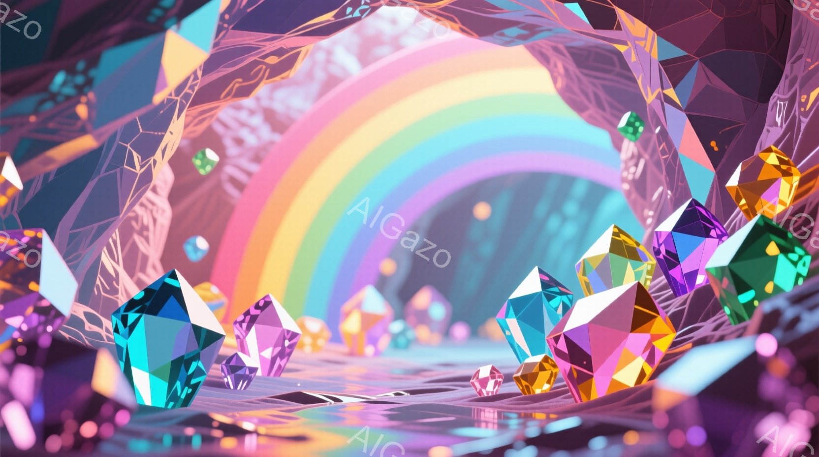 鮮やかなクリスタルが地面から生え、虹のような光が背景に広がっています。紫とピンクを基調としたファンタジーのような空間は、まるで洞窟の中にいるかのような神秘的な雰囲気です。光の反射が地面に映り込み、幻想 - AI生成フリー素材