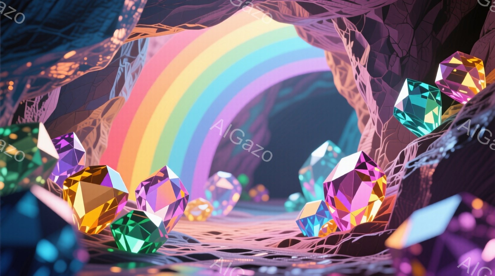 紫がかった洞窟のような空間に、様々な色の多面体が散らばっている様子を描いています。背景には虹がかかり、洞窟の壁には植物の根のようなものが絡みつき、幻想的な雰囲気を醸し出しています。全体的に、光沢のある - AI生成フリー素材