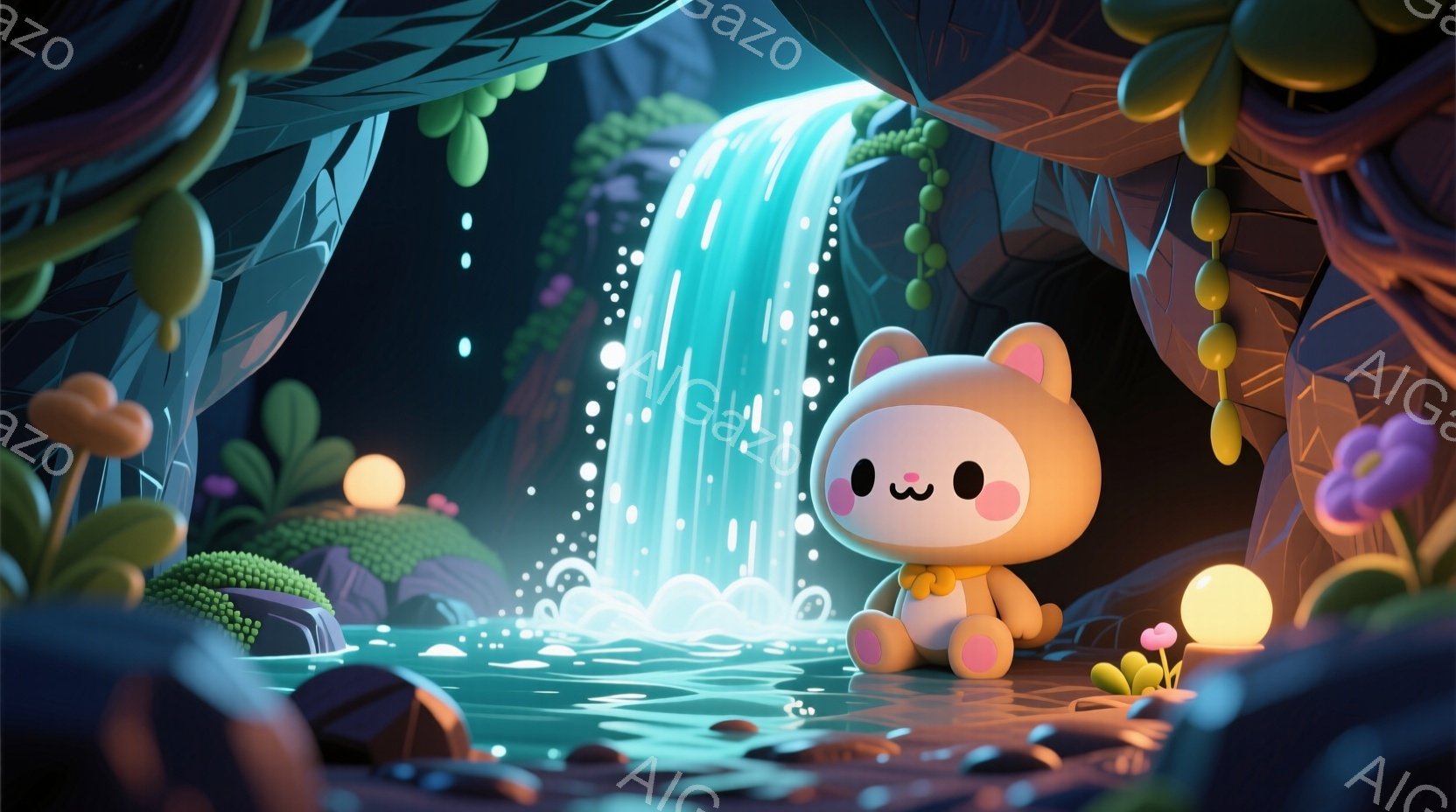 ぬいぐるみのようなクマのキャラクターが、水が流れる洞窟の中で座っています。キャラクターは薄茶色の毛並みで、赤いベストを着ており、丸い黒い目と微笑みを浮かべています。背景には、緑色の苔に覆われた岩や、発光するキノコ、そして水の流れが洞窟の奥へと続いています。