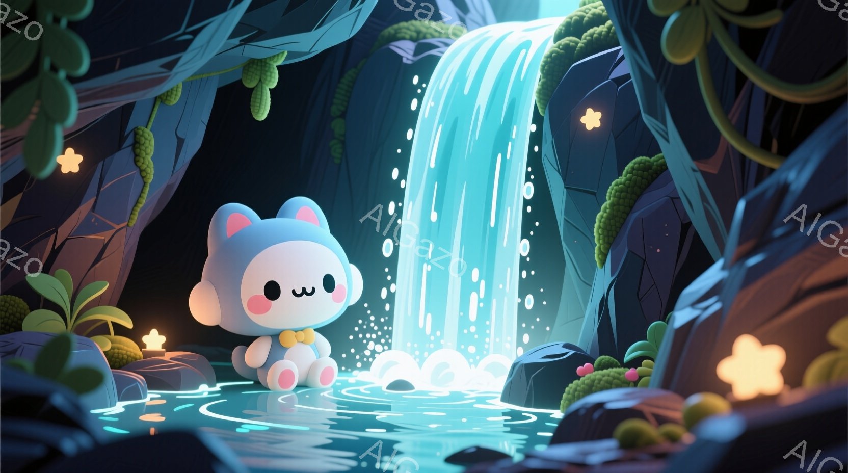 丸くて白い生き物が、水が流れる滝のそばに座っています。その生き物は、小さなピンクの服を着ており、つぶらな瞳と控えめな笑顔が特徴的です。背景には緑豊かな植物が生い茂り、水面には水しぶきが飛び散り、幻想的で穏やかな雰囲気が漂っています。