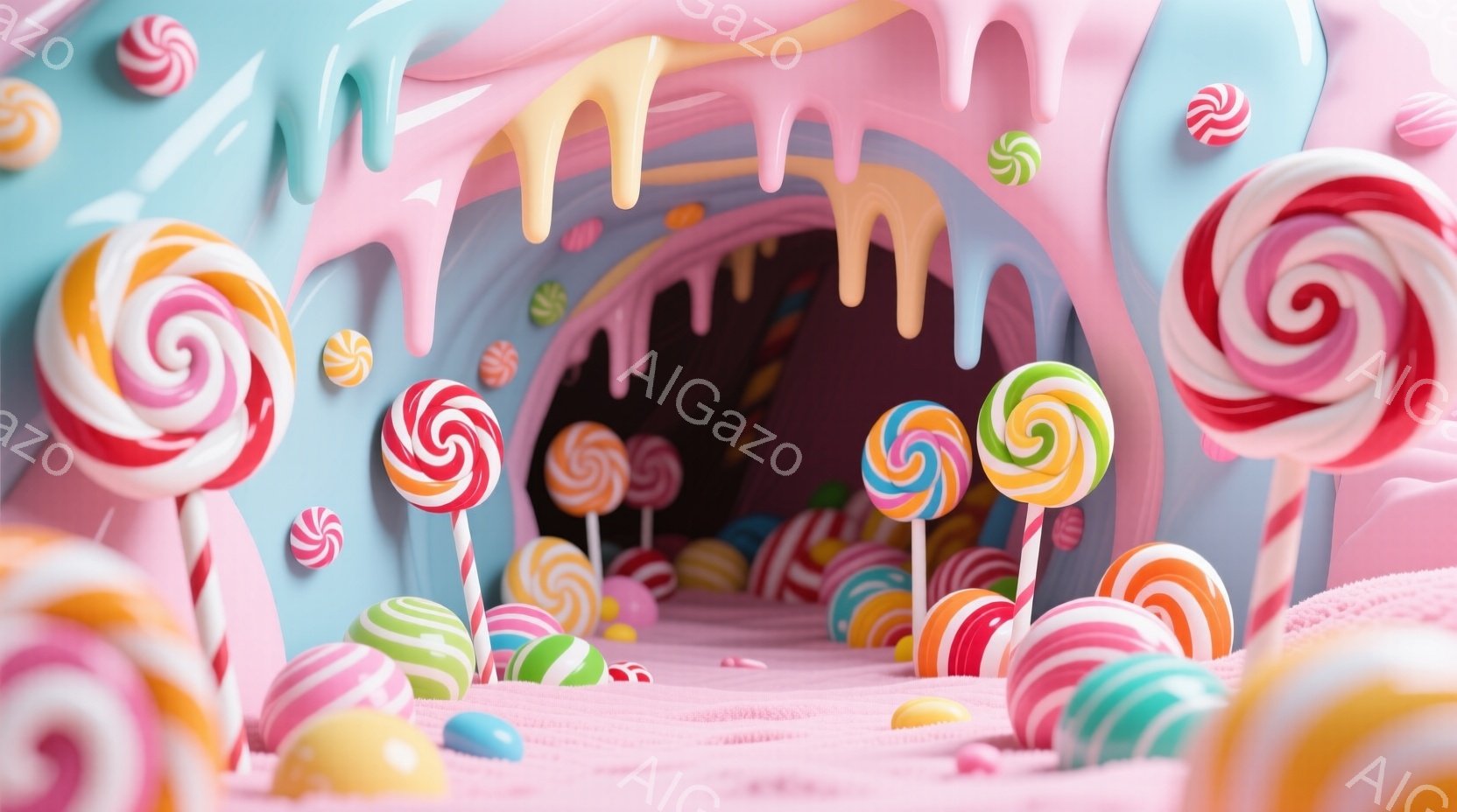 鮮やかな色彩のキャンディが溢れるトンネルが描かれています。壁や天井からは溶けたようなキャンディが垂れ下がり、床にはカラフルなキャンディが散らばっています。まるで夢のような甘くて幻想的な世界が広がってお - AI生成フリー素材