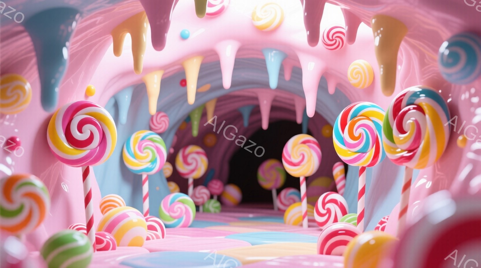 カラフルなキャンディで飾られたトンネルが印象的な画像です。天井からはキャンディが垂れ下がり、地面には様々な色のキャンディが並んでいます。全体的に甘くて夢のような、お菓子の国のような雰囲気で、遊び心あふれる空間が表現されています。