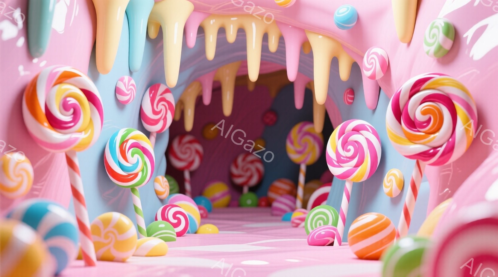 カラフルなキャンディが天井や壁からぶら下がった、夢のような空間が描かれています。ピンク色のアーチ状の通路は、まるでキャンディランドのトンネルのようで、甘くて楽しい雰囲気を醸し出しています。背景は柔らか - AI生成フリー素材
