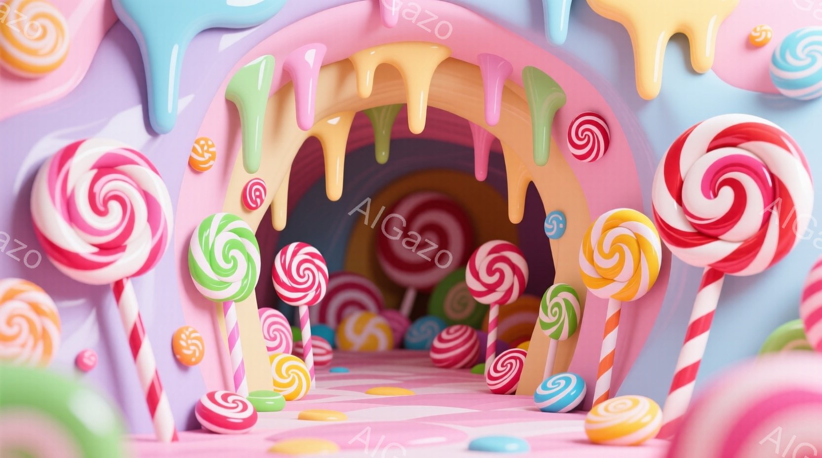 鮮やかな色彩のキャンディで覆われたアーチ型の通路が印象的な画像です。床はピンクと白のチェック模様で、キャンディが散らばり、お菓子の国のような夢幻的な雰囲気を醸し出しています。明るく甘い色彩とデザインは - AI生成フリー素材