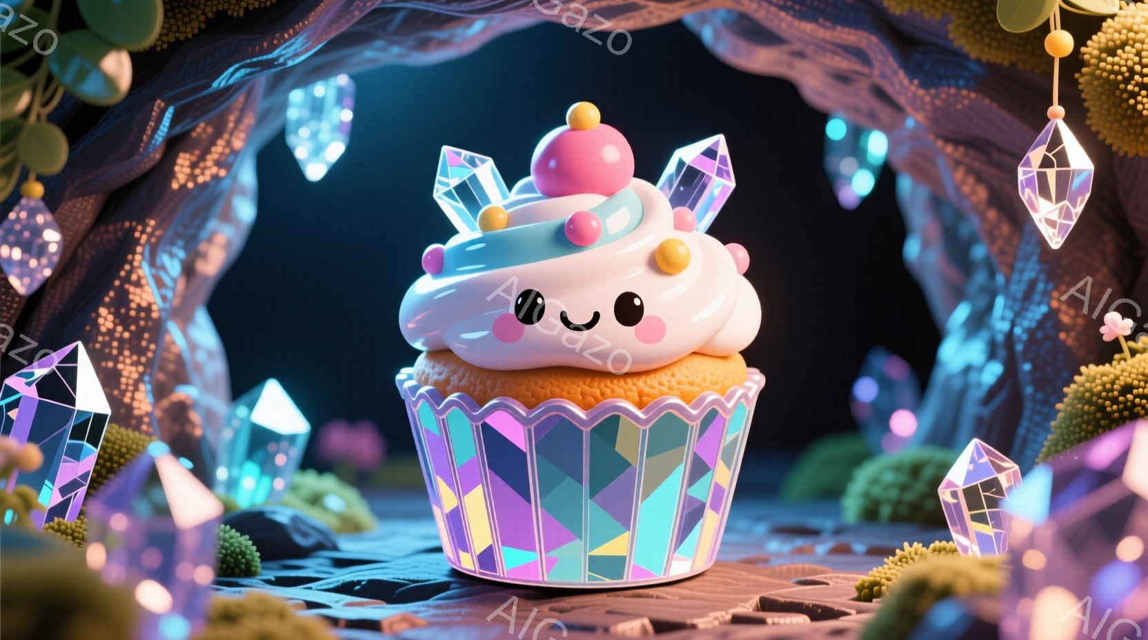明るい虹色の背景の中に、可愛らしいカップケーキが中央に配置されています。クリームはピンク色で、小さな丸い飾りと、光を反射するクリスタルで飾られています。背景には、緑色の苔のような植物と、さまざまな形の - AI生成フリー素材