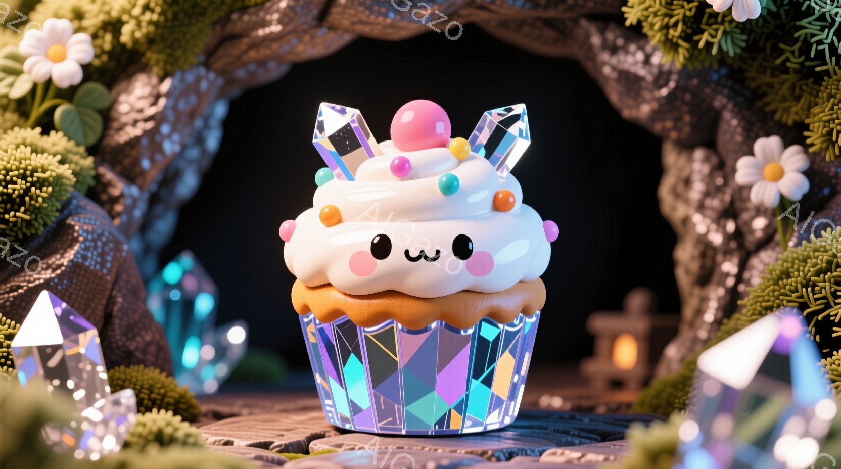 かわいらしいカップケーキが中心に描かれており、クリームの上には虹色の粒々や小さな球体が飾られています。カップケーキはキラキラと光る紙製の容器に入っており、背景には緑豊かな植物と、ぼんやりと見える建物や - AI生成フリー素材