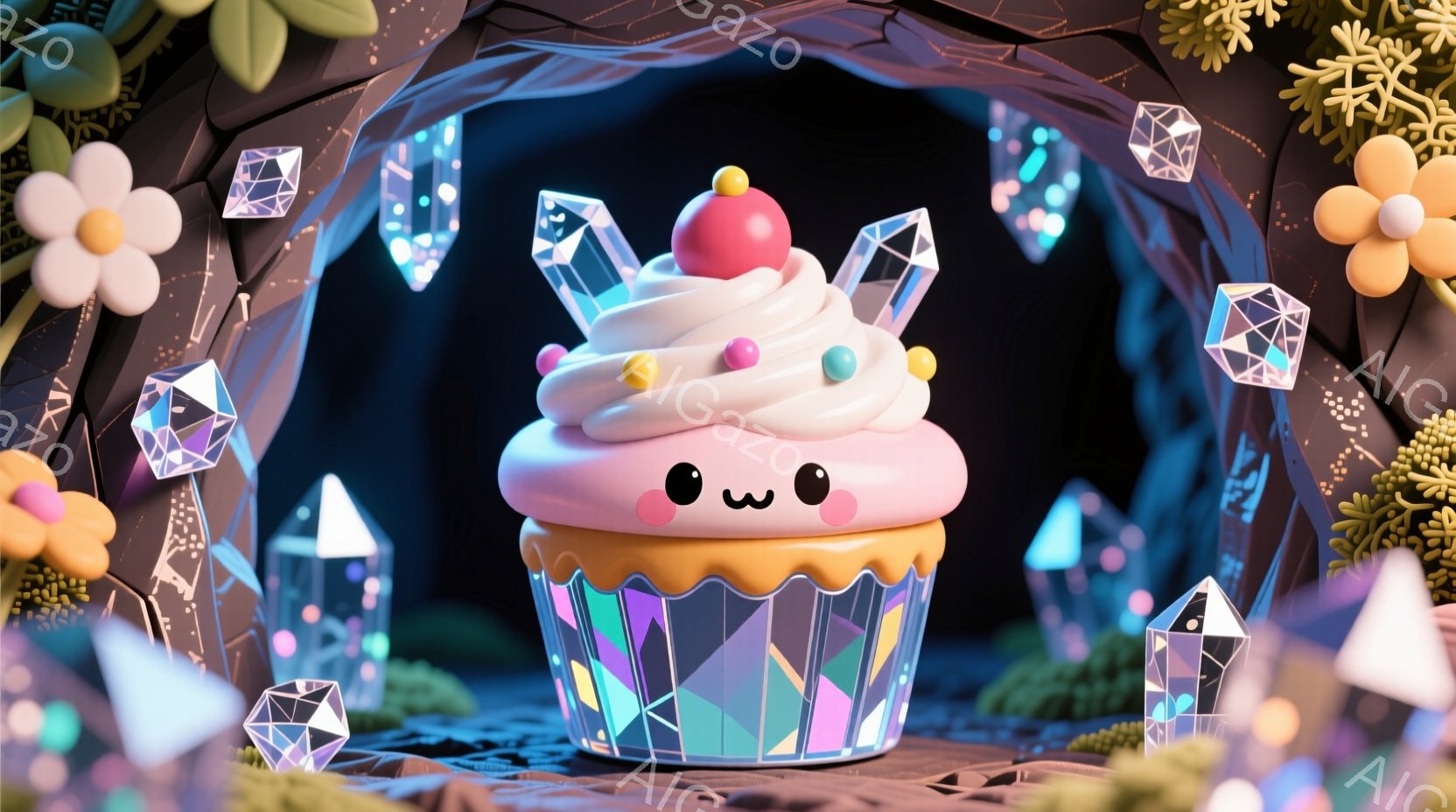 キラキラと輝く水晶に囲まれた、可愛らしいカップケーキが中央にあります。クリームは淡いピンク色で、赤い丸いトッピングが乗せられ、つぶらな瞳が愛らしい表情を作り出しています。背景は暗い洞窟のような空間で、 - AI生成フリー素材