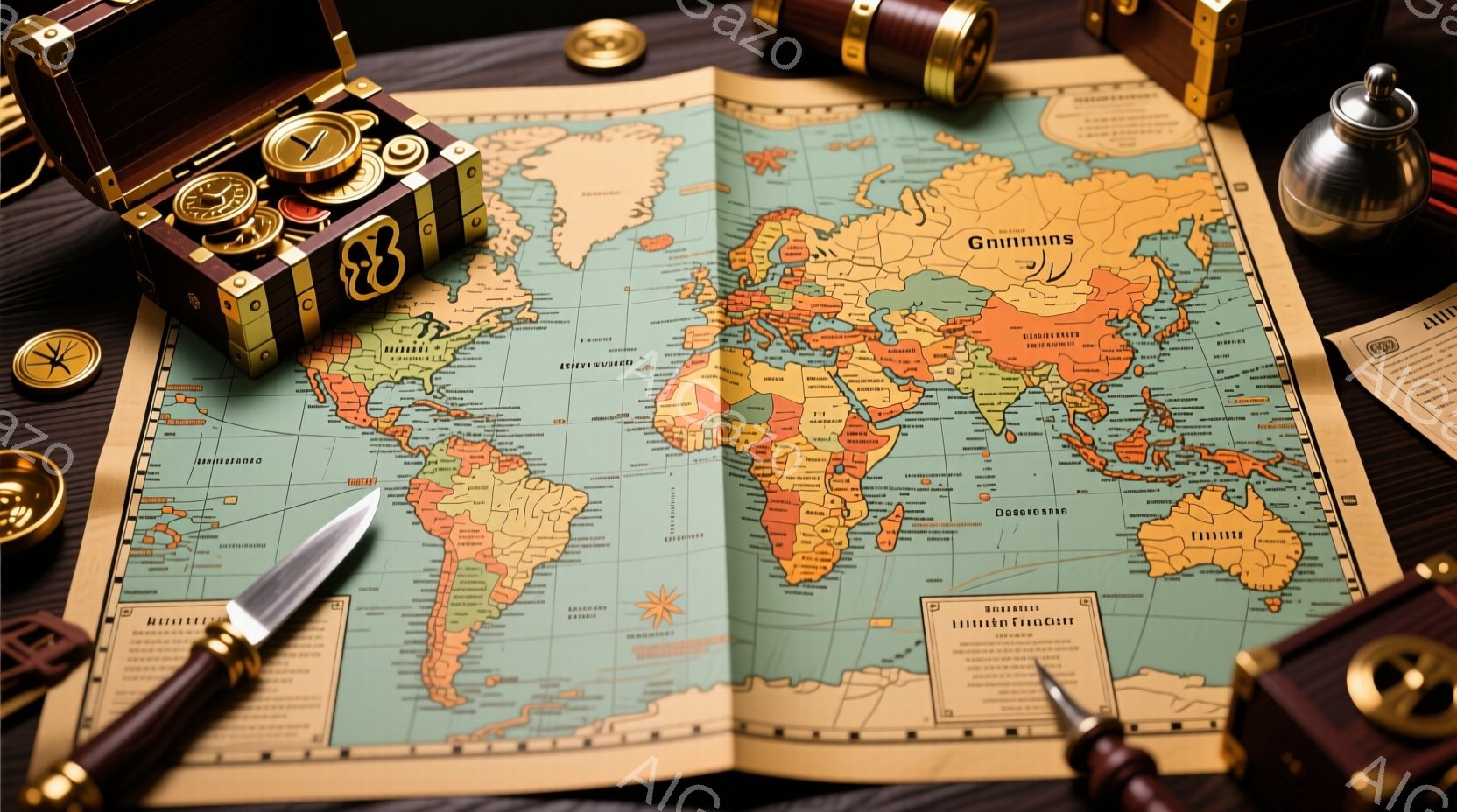 古い世界地図が広げられており、その上にアンティークの双眼鏡とペンが置かれています。背景には木製のテーブルがあり、手前に小さな宝箱とコンパスが配置され、探検や冒険を想起させる雰囲気です。全体的に暖色系の色調で、過去の航海時代を連想させるレトロな趣があります。