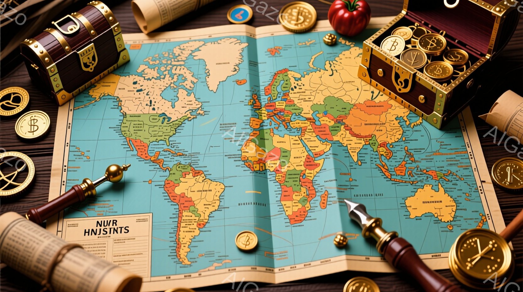 古い世界地図が広げられており、その周りにはアンティークな宝箱、方位磁石、そして金貨が配置されています。背景は濃い木製のもので、探検や冒険の雰囲気を醸し出しています。全体的に、過去の航海や財宝探しのロマンを感じさせる、落ち着いた雰囲気の静物画です。