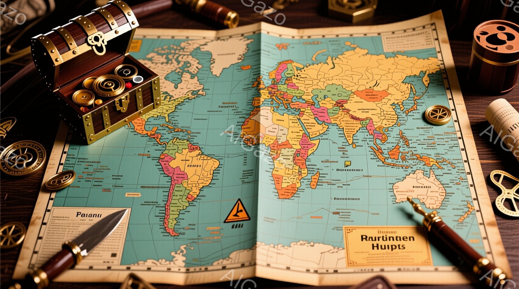 古い世界地図が広げられており、その上にはアンティーク風のコンパス、双眼鏡、ペン、小さな宝箱が置かれています。全体的にセピア調の色合いで、冒険や探検を想起させるような雰囲気を醸し出しています。古地図の紙質やアイテムの質感も細かく表現されており、ノスタルジックな印象を与えます。