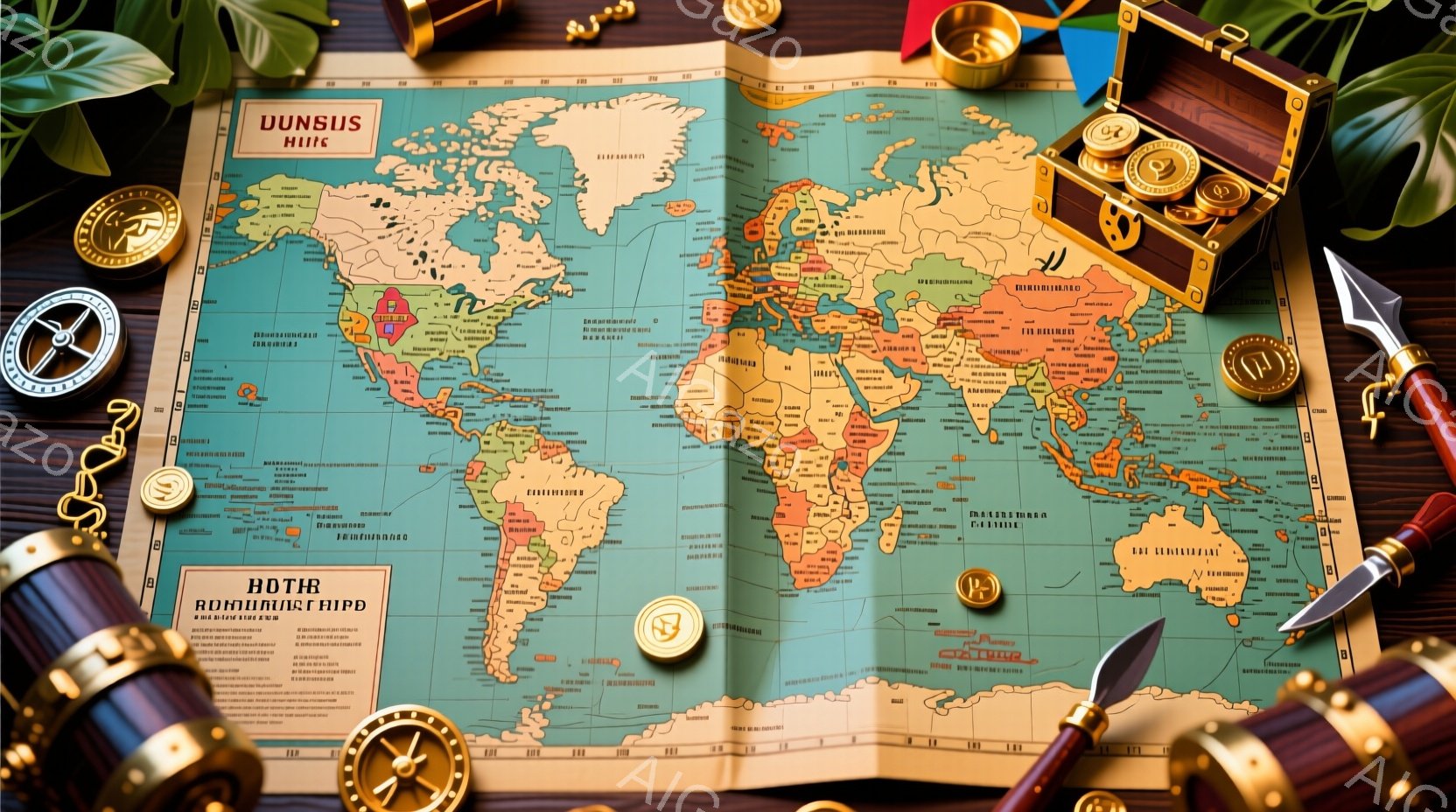 古い世界地図が広げられており、その上にはコンパス、古いコイン、万年筆、巻物、懐中時計が配置されています。全体的にセピア調の色調で、探検や冒険の雰囲気を醸し出しています。まるで宝探しの準備をしているかのような、ロマンチックでノスタルジックな情景です。