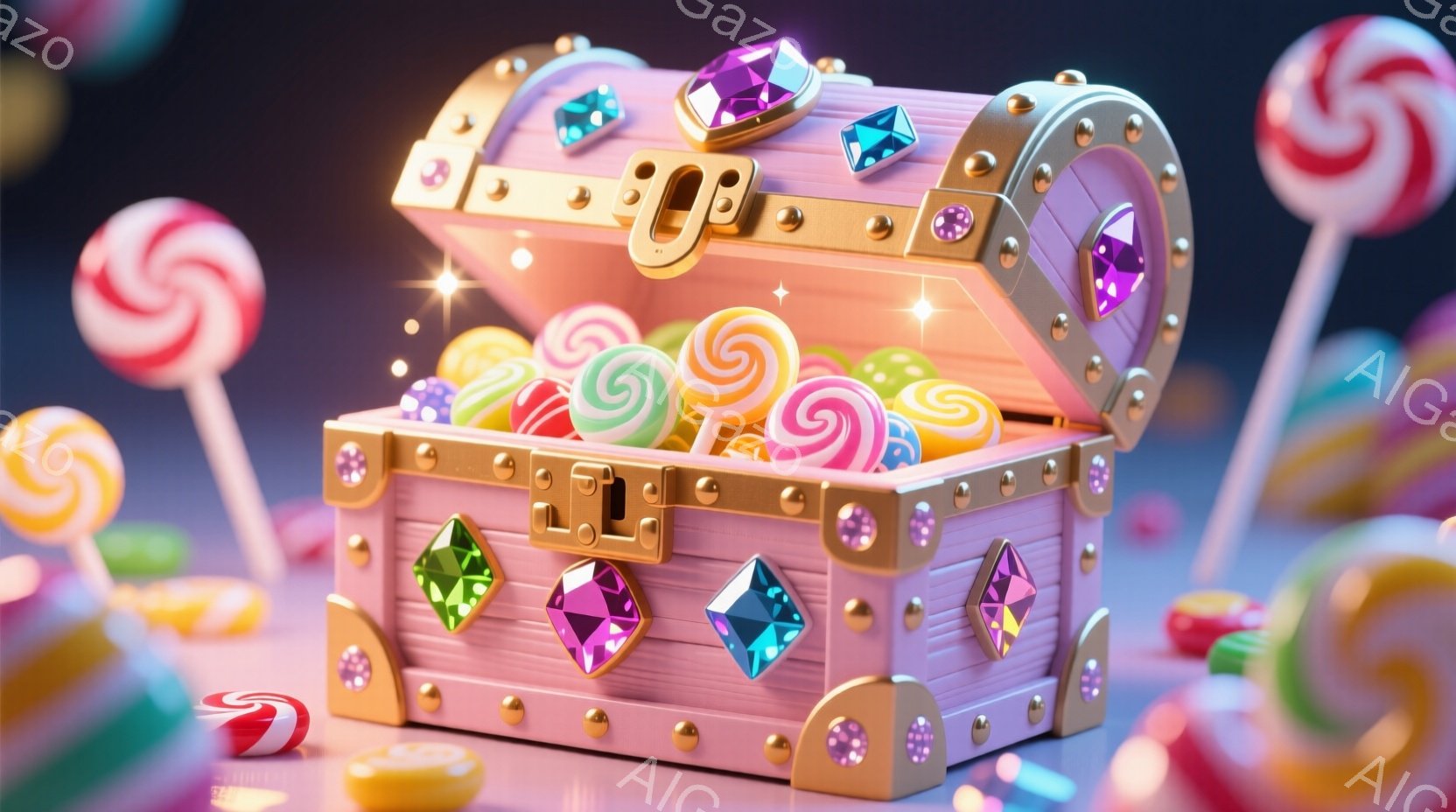 薄いピンク色の宝箱が、開いてカラフルなキャンディで溢れています。宝箱の四隅には紫色の宝石が飾られており、金色の金具が上品さを添えています。背景には、同じくカラフルなキャンディが散りばめられており、甘く - AI生成フリー素材