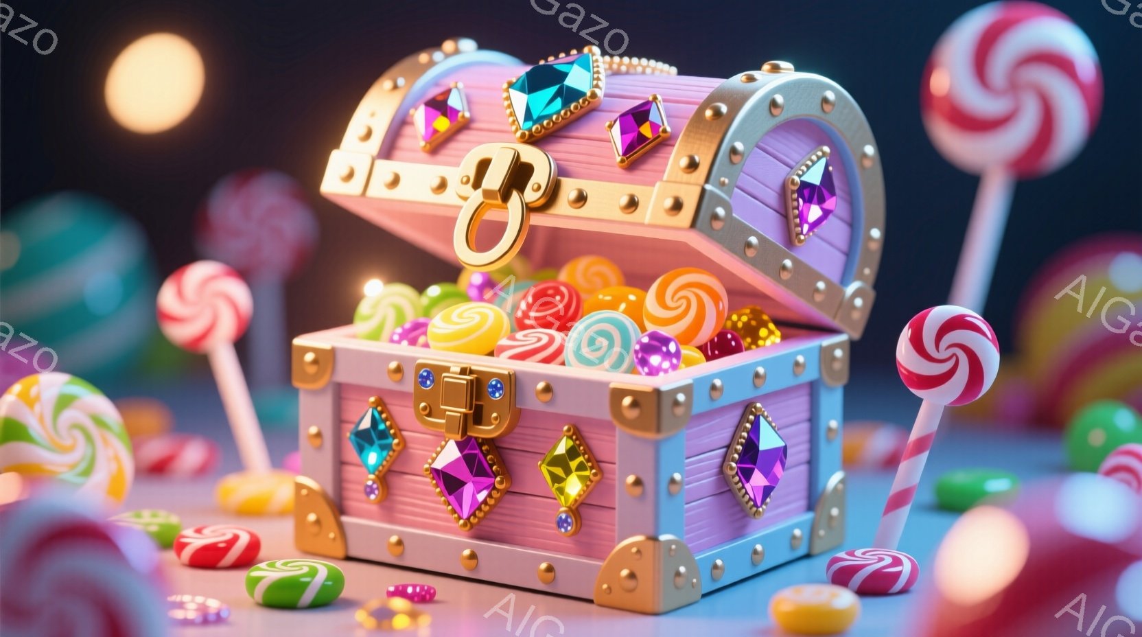 豪華な宝石を持つ、色彩豊かなインスタント食品写真。箱の中にはたくさんのキャンディが入っており、その周りで同じようなキャンディが散らばる。
