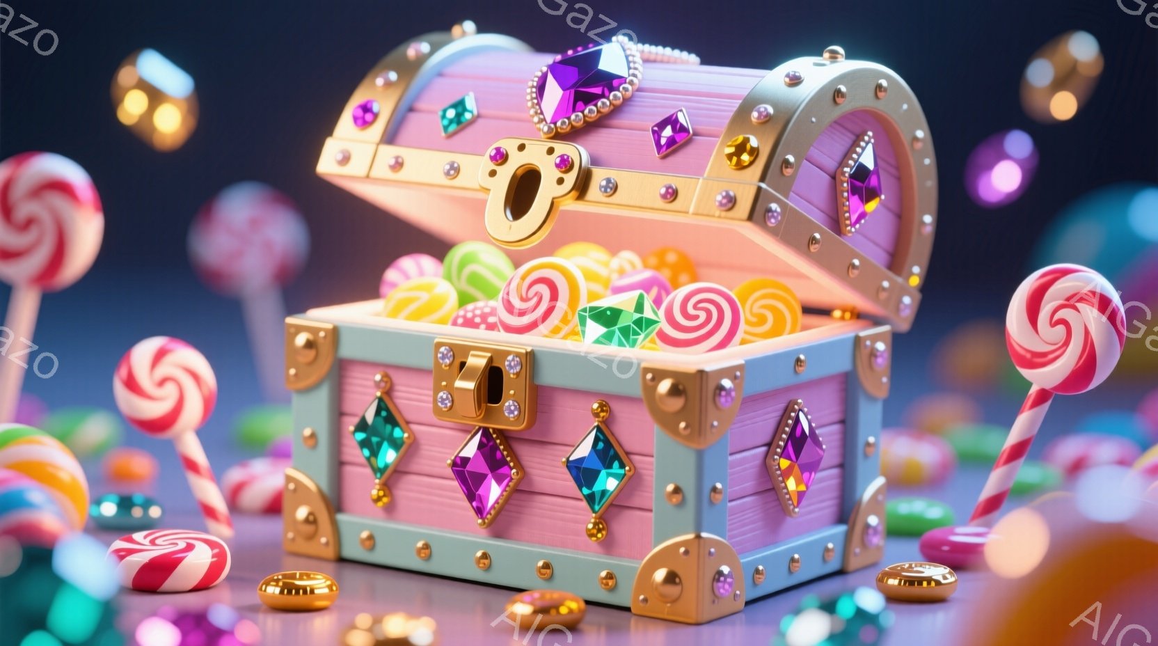 淡いピンク色の宝箱が開き、中にはカラフルなキャンディや金貨が溢れています。宝箱は紫色の宝石で飾られており、全体的に甘くて夢のような雰囲気を醸し出しています。背景には、同じくカラフルな棒付きキャンディが散りばめられ、お祝いや喜びを連想させる楽しい空間が広がっています。
