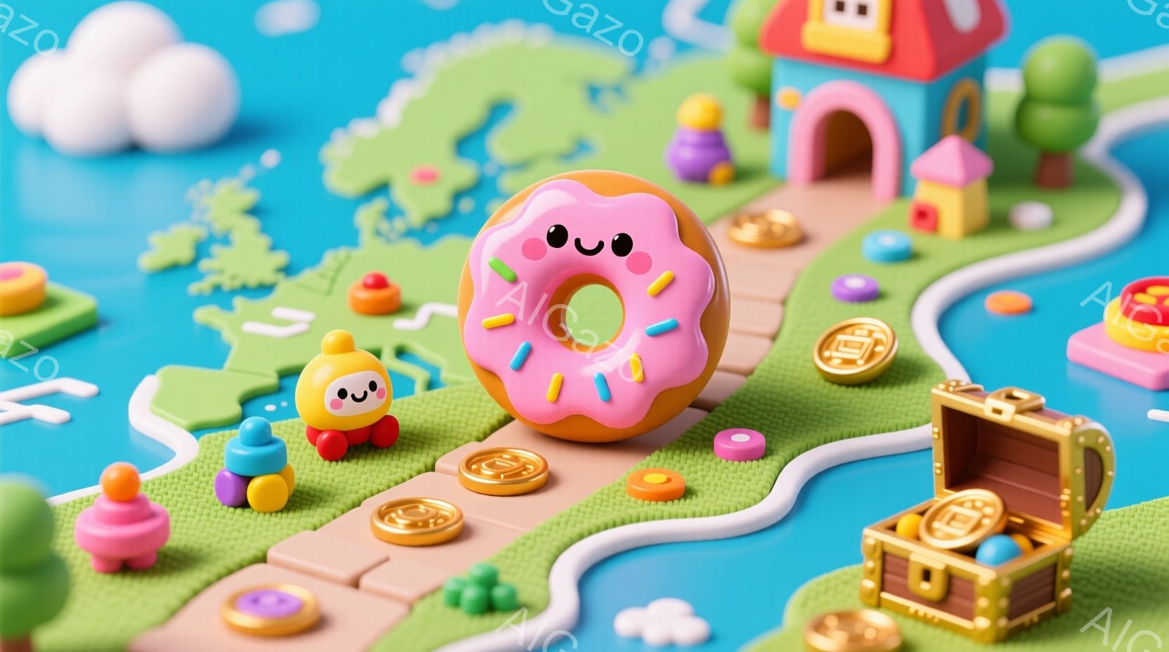 明るいピンク色のドーナツが画面中央に大きく浮かび、その周りにはカラフルなブロックや金貨が散りばめられています。背景には緑の丘、小さな家々、そして曲線を描く白い道が広がり、遊園地のような楽しい雰囲気を醸 - AI生成フリー素材