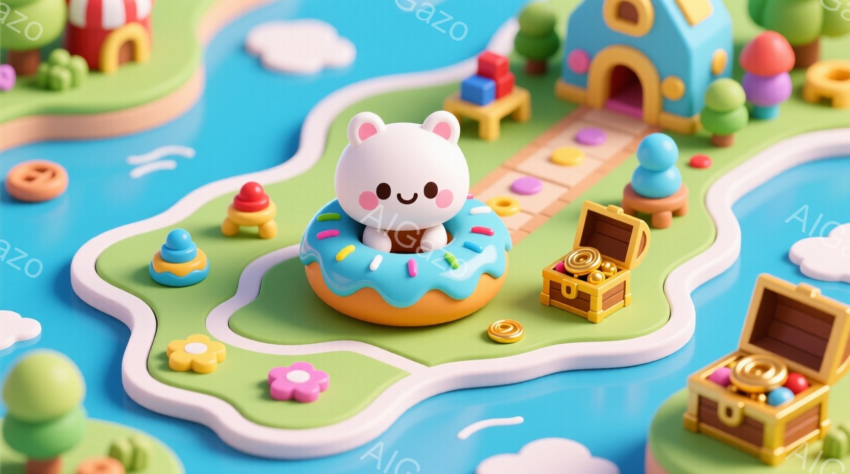 白い子犬がドーナツの上に座っており、可愛らしい表情をしています。背景は、パステルカラーの建物や花が散りばめられた、ファンタジー風の遊園地のような空間で、全体的に明るく楽しい雰囲気が漂っています。宝箱と - AI生成フリー素材