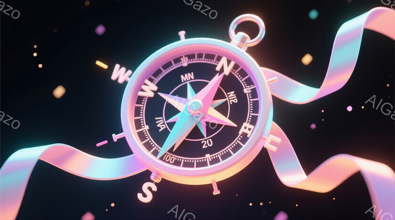 鮮やかな色彩で描かれたコンパスが、暗闇の中に浮かび上がっています。コンパスの文字盤は細部まで精密に表現され、針は北を指しています。背景には、ぼやけた光の粒子が散りばめられており、まるで夜空のような幻想的な雰囲気を醸し出しています。