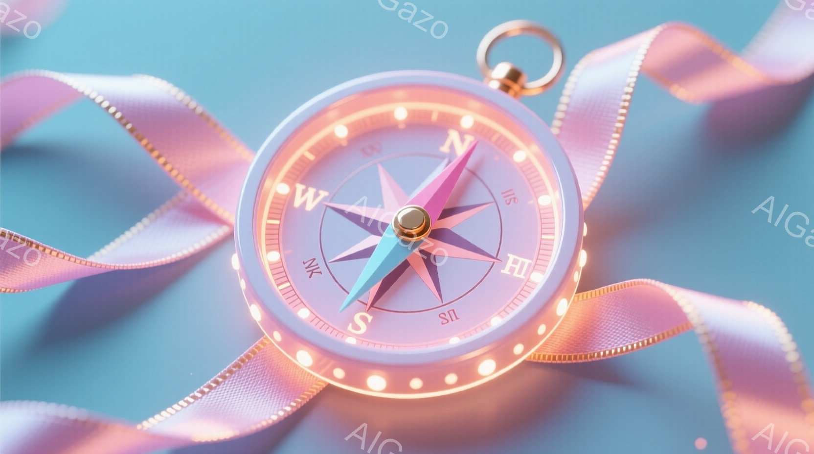 明るいピンクのリボンに包まれたコンパスが、水色の背景に浮かび上がっています。コンパスの針は鮮やかなピンクと水色で、文字盤はレトロなデザインで縁に小さな光が並んでいます。全体的に柔らかく、夢幻的な雰囲気で、どこか懐かしいノスタルジーを感じさせます。