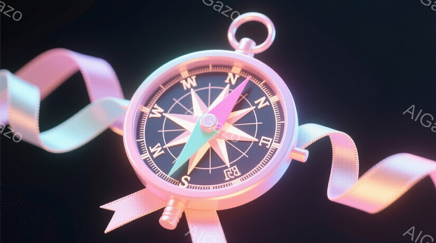 鮮やかな光沢のあるコンパスが、流れるようなリボンに包まれています。コンパスの針は北を指しており、文字盤は詳細に描かれ、周囲には東西南北の標示があります。暗い背景が、コンパスとリボンの鮮やかさを際立たせており、全体的に神秘的で夢幻的な雰囲気を醸し出しています。