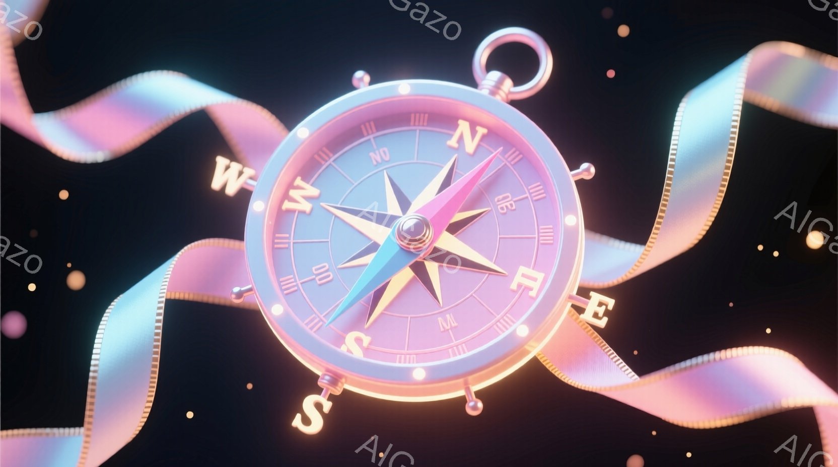 鮮やかな光を放つ方位磁針が、暗い背景に浮かび上がっています。針は北を指し、周囲には東西南北を示す文字が配置されています。渦巻くような光の帯が、磁針を包み込み、神秘的で幻想的な雰囲気を醸し出しています。