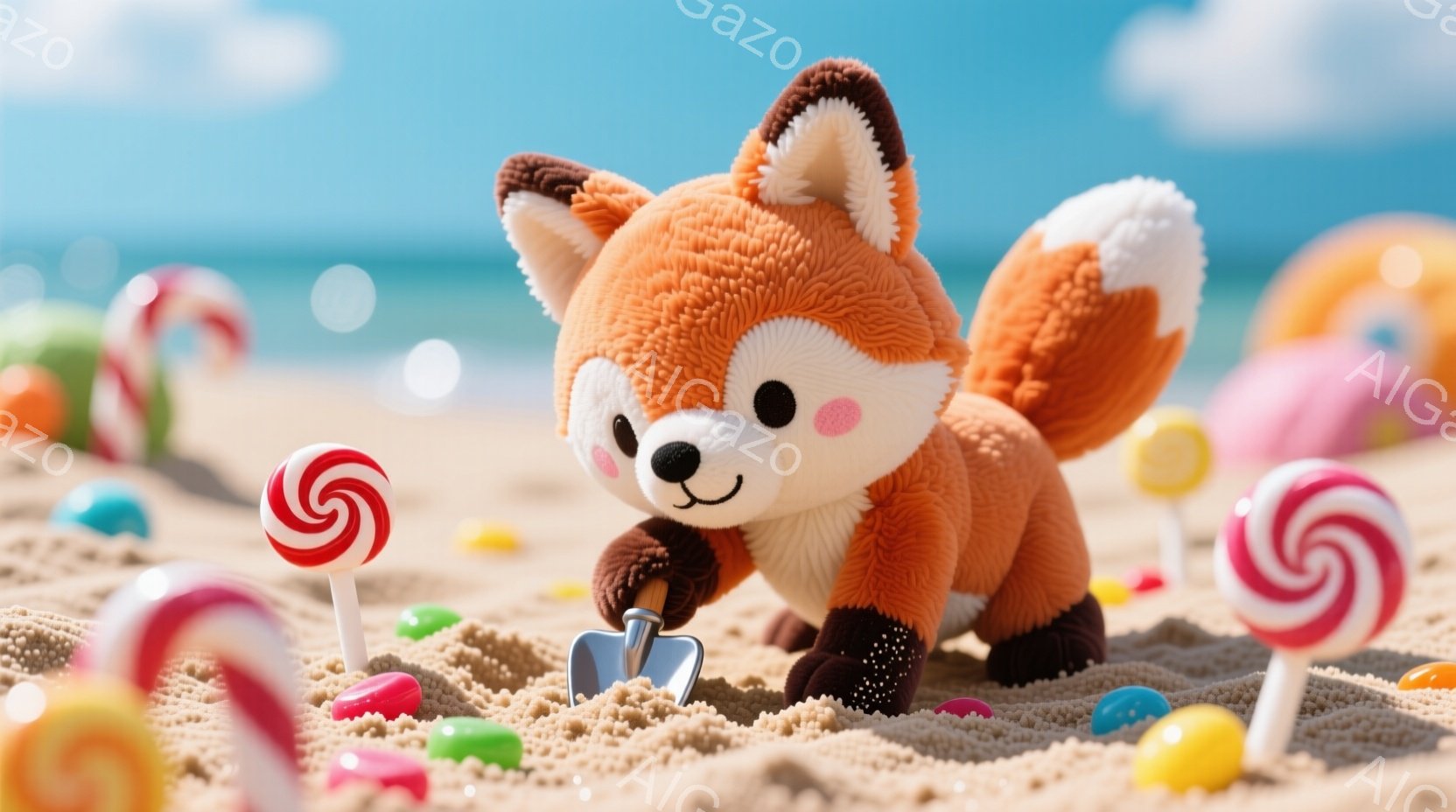 オレンジ色の毛並みのキツネが砂浜で小さなシャベルを使って何かを掘っています。背景には、赤や緑のカラフルなキャンディーや卵のようなオブジェクトが散りばめられ、明るい青空と穏やかな海が広がっています。全体的に、遊び心があり、可愛らしい雰囲気の画像です。