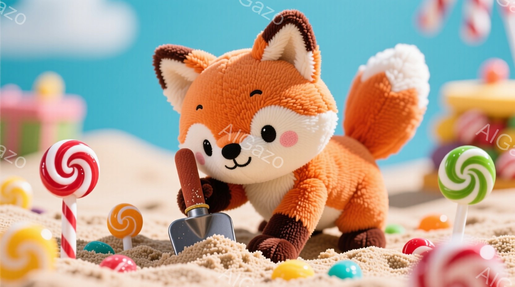 ふわふわのオレンジ色の狐が砂浜に立っており、小さなシャベルを持っています。周囲にはカラフルなキャンディが砂の中に埋め込まれており、背景にはパステルカラーの建物が見えます。全体的に明るく、遊び心のある、甘い雰囲気です。