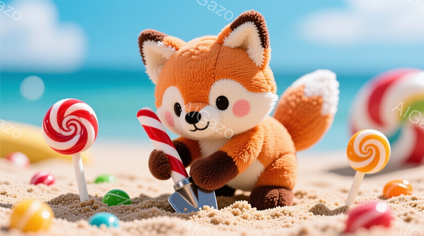 ふわふわのオレンジ色のキツネのぬいぐるみは、砂浜に座って小さなシャベルで砂を掘っています。周りにはカラフルな棒付きキャンディや卵のようなお菓子が砂に刺さっており、背景には青い海と空が広がっています。全体的に明るく、遊び心のある雰囲気で、夏休みの楽しいひとときを表現しています。