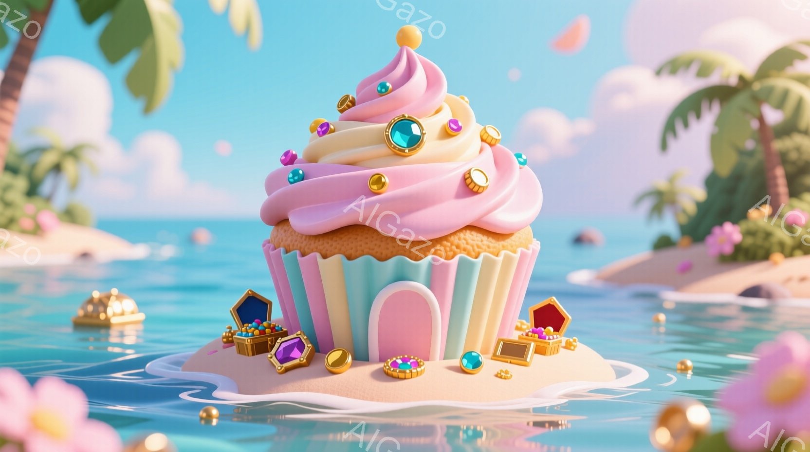 アニメーションスタイルのイラストで、パッケージやグッズに使用するようなデザインが処理されています。中心にあるカクテルは、海と浅い水面の間に浮かんでおり、砂浜とココナッツの木が背景に見られます。カクテル - AI生成フリー素材