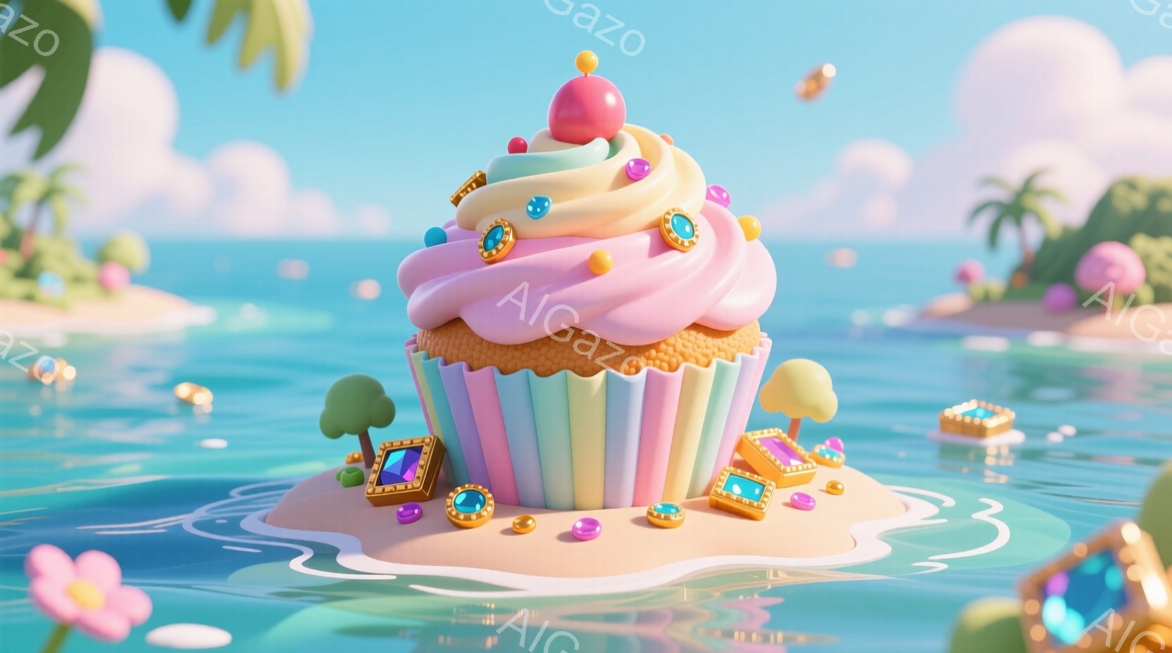 明るい青い海に浮かぶ小さな島の上に、カラフルなカップケーキが建っています。カップケーキはパステルピンクのクリームと虹色のラッピングで飾られ、宝石のような装飾が点在しています。背景にはヤシの木が生え、明 - AI生成フリー素材