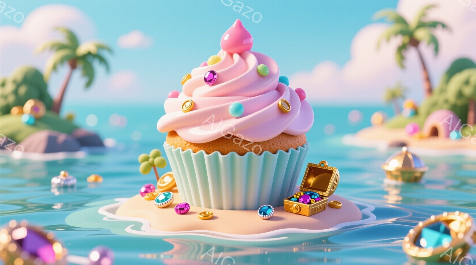鮮やかなターコイズブルーの海に浮かぶ、大きなカップケーキが印象的な画像です。カップケーキはクリームとカラフルな宝石で飾られ、周りには金色の宝箱や宝石が散りばめられています。背景にはヤシの木が生い茂る小 - AI生成フリー素材
