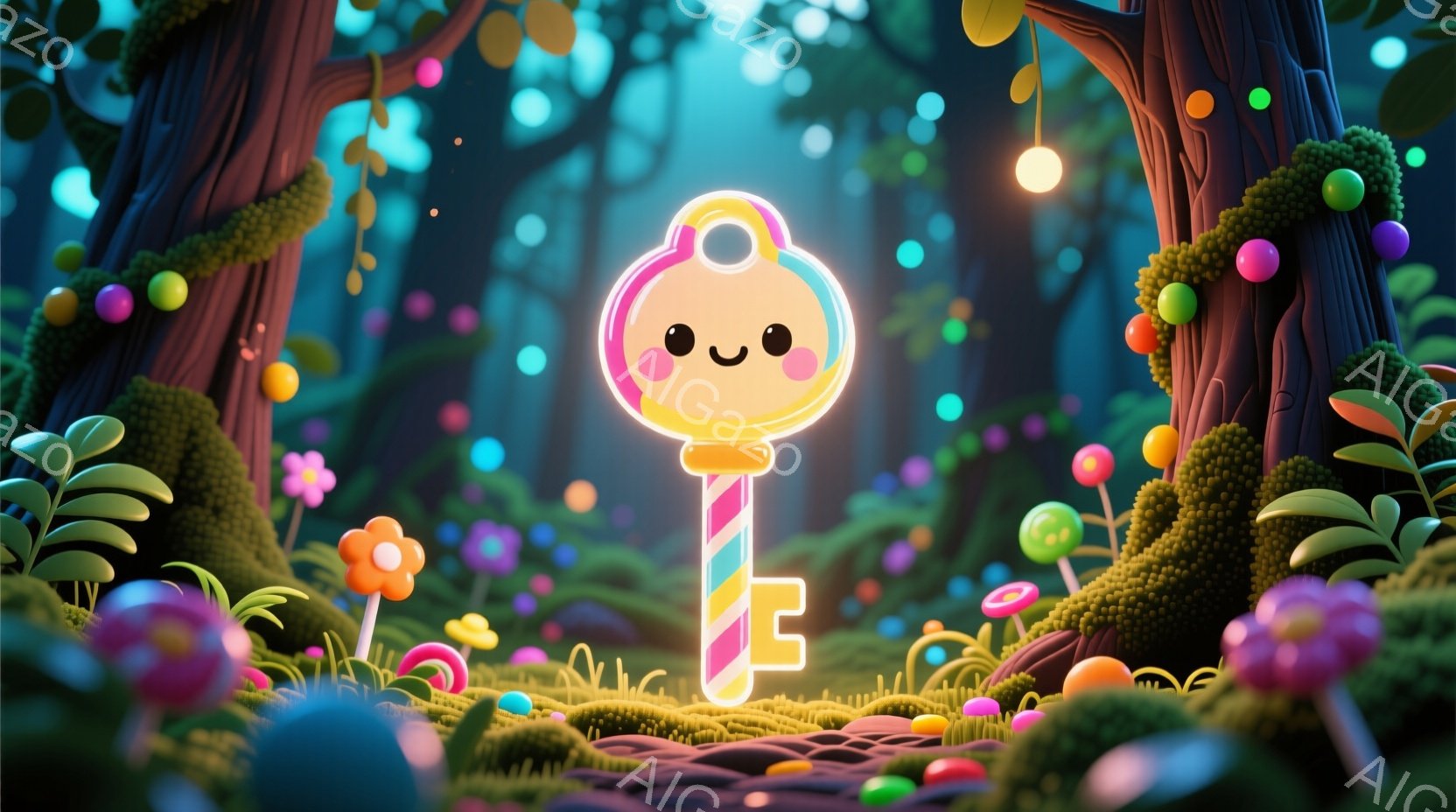 ファンタジックな森の中に立つ、擬人化された鍵を描いています。鍵は笑顔で、可愛らしい表情をしています。背景にはカラフルなキノコや緑豊かな植生があり、幻想的な雰囲気を醸し出しています。