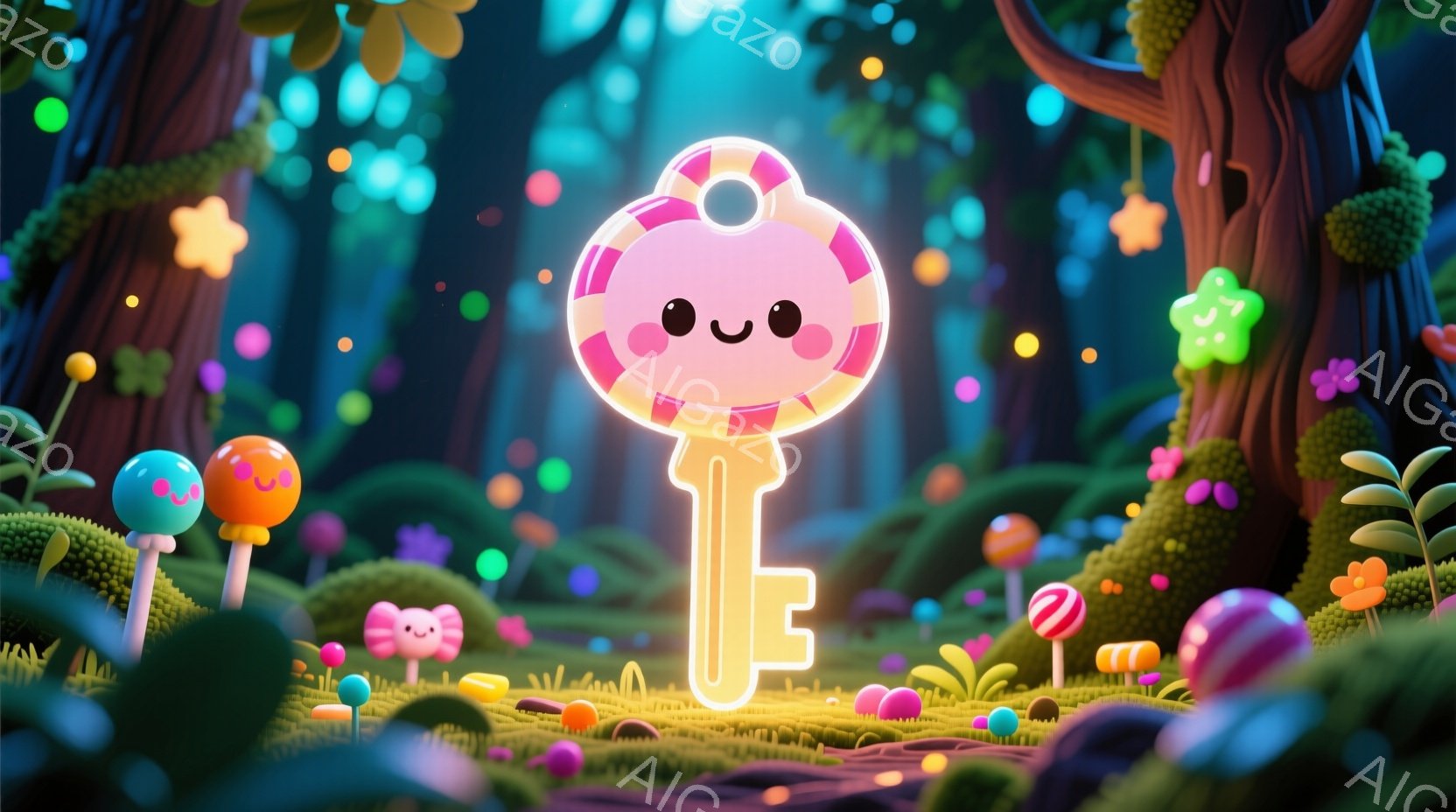 鮮やかな色彩のファンタジーな森の中に、鍵の形をした可愛らしいキャラクターが立っている。ピンクと黄色のグラデーションがかった鍵の頭には、小さなつぶらな瞳と微笑みが描かれており、優しい表情をしている。背景には、カラフルなキノコや花が咲き乱れ、幻想的な雰囲気を醸し出している。
