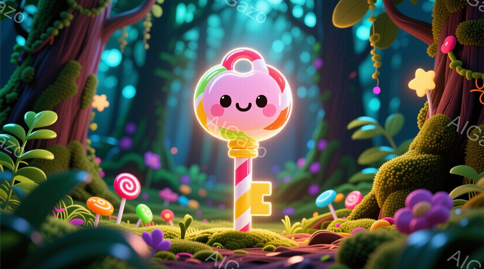 明るい色彩のファンタジーな森の中に、キャンディのような鍵が立っている。鍵の頭はピンクと白の渦巻き模様で、愛らしい笑顔が描かれている。背景には、さまざまな色とりどりのキノコや植物が生い茂り、夢のような雰囲気を醸し出している。