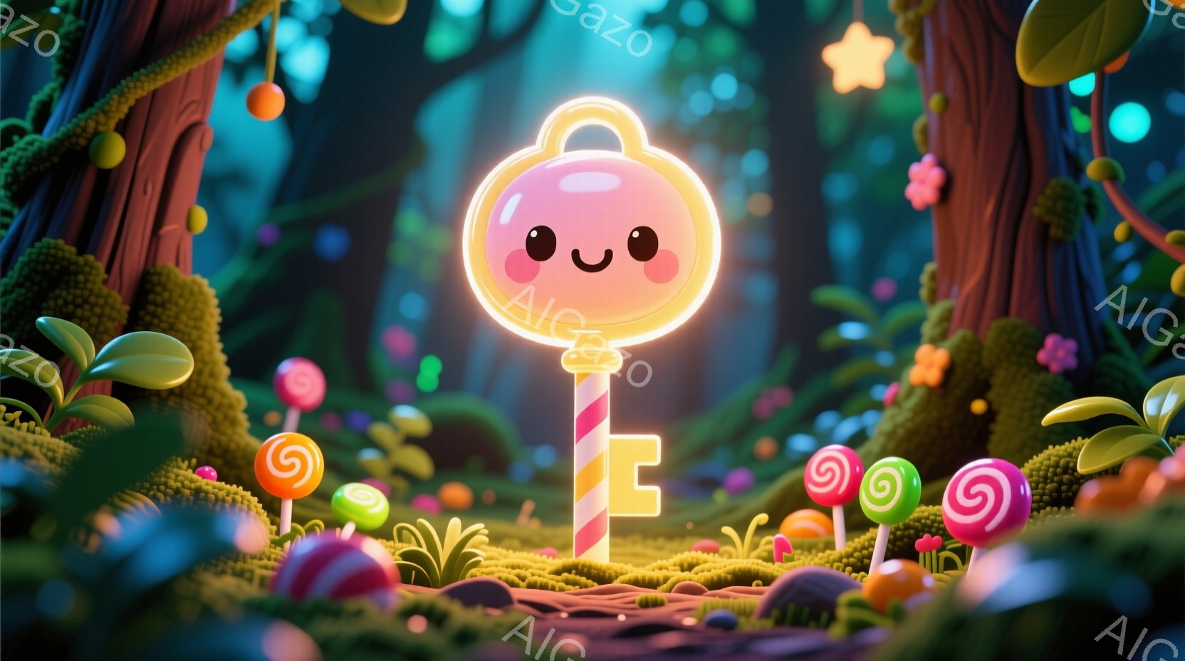鮮やかな色彩のファンタジーな森の中に、かわいらしい鍵が浮かんでいます。鍵はピンク色で、大きなつぶらな瞳と笑顔を持っており、まるで生きているかのような愛らしい表情をしています。背景にはカラフルなキノコやキャンディ、そして緑豊かな草木が生い茂り、夢のような雰囲気を醸し出しています。