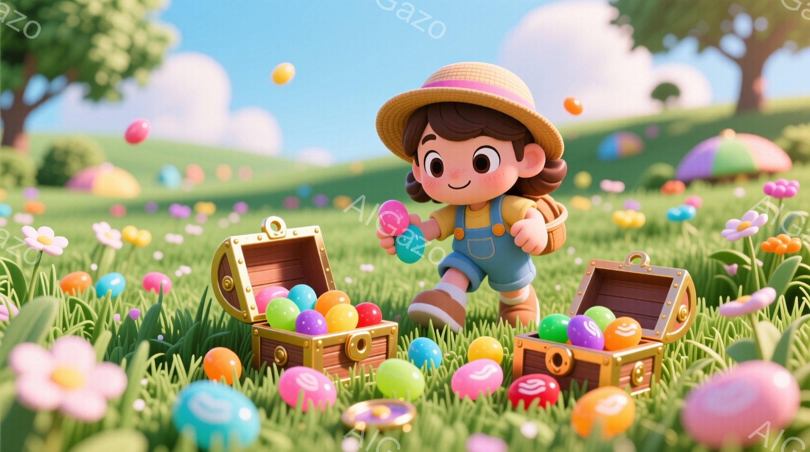 明るい緑の草原に、麦わら帽子をかぶった少女が立っています。彼女はオーバーオールとブーツ姿で、片手にパステルカラーの卵を一つ持っており、まるで宝探しをしているかのようです。周囲にはカラフルな卵や花が散ら - AI生成フリー素材