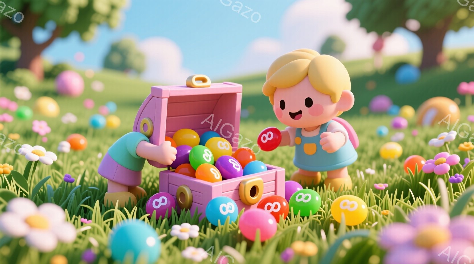 明るい緑色の草原に、ピンク色の宝箱と小さな少年が描かれています。少年は金髪の短い髪型で、青いオーバーオールを着ており、楽しそうに宝箱からカラフルな球を取り出しています。背景には、様々な色の卵や花が咲き乱れ、晴れた日の牧歌的な雰囲気を醸し出しています。