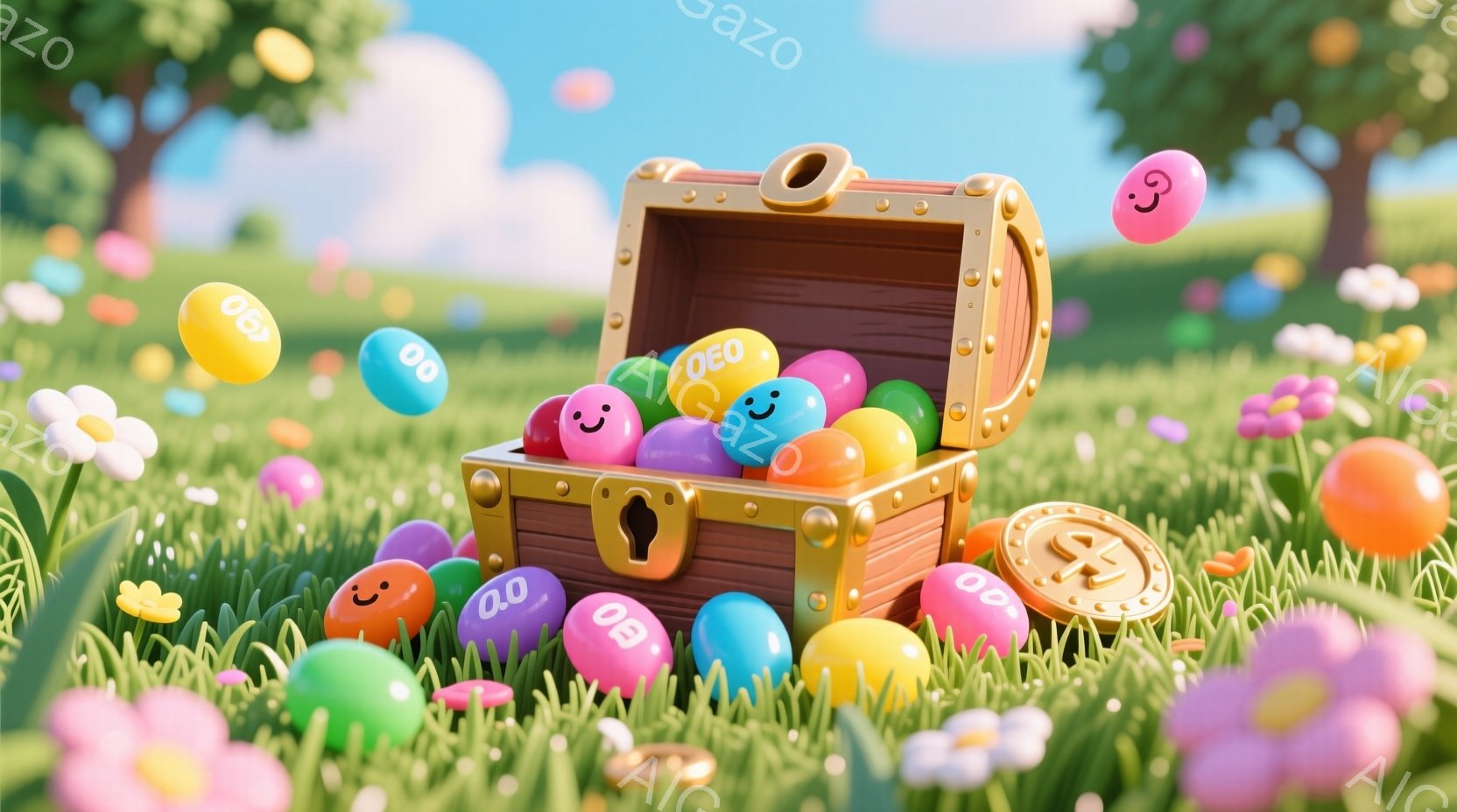 カラフルな卵と金貨が散りばめられた緑の草原に、宝箱が置かれています。卵にはそれぞれ可愛らしい笑顔が描かれており、宝箱は開いて中身が見える状態です。背景には、ぼんやりとした緑の丘とピンク色の花が咲き乱れ - AI生成フリー素材