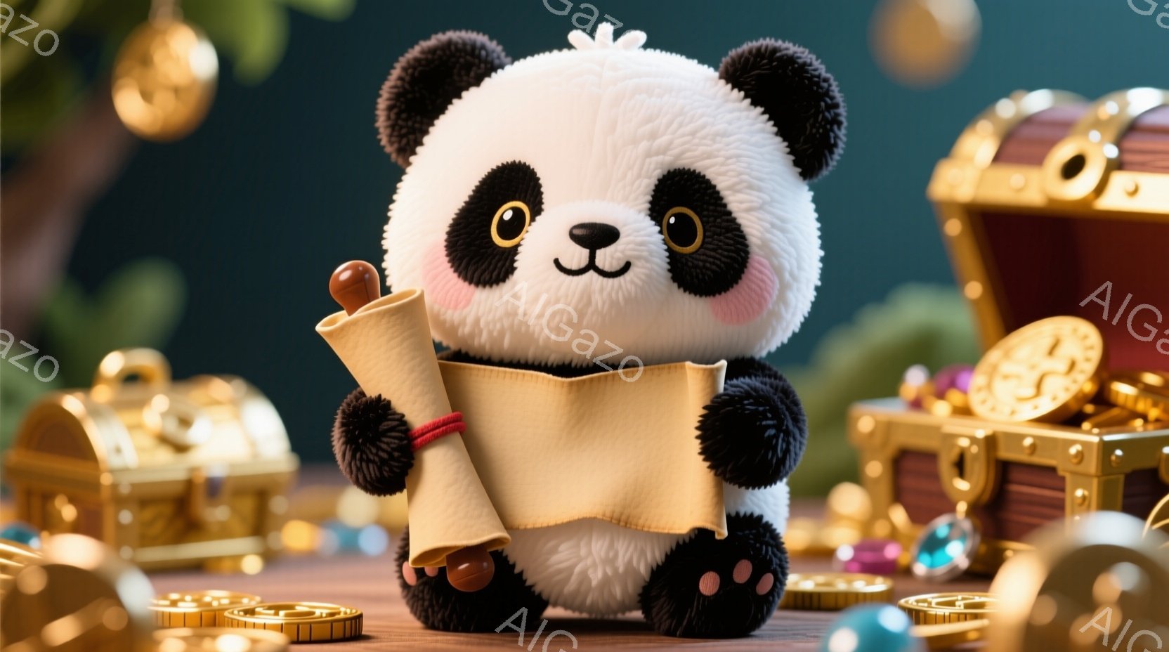 ふわふわのパンダが、巻物のような紙を両手で抱えています。背景には宝石のようなオブジェクトや金色の宝箱が散りばめられ、お祝いや冒険を連想させる雰囲気です。パンダは可愛らしい表情で、全体的に暖かく、幻想的な印象を与えます。