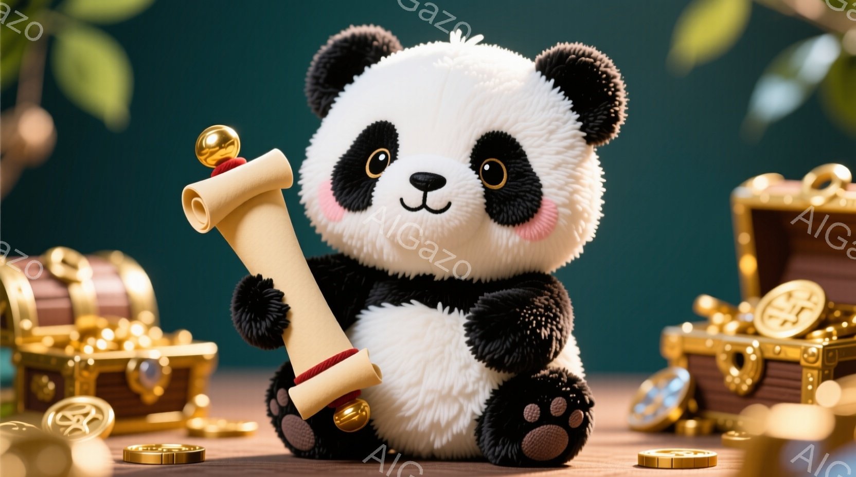 ふわふわのパンダが、巻物を片手に持っている様子が描かれています。背景には金色の宝箱と金貨が散りばめられ、緑色の背景がパンダの白黒のコントラストを際立たせています。全体的に、可愛らしく、お宝を見つけたような、陽気な雰囲気が漂っています。