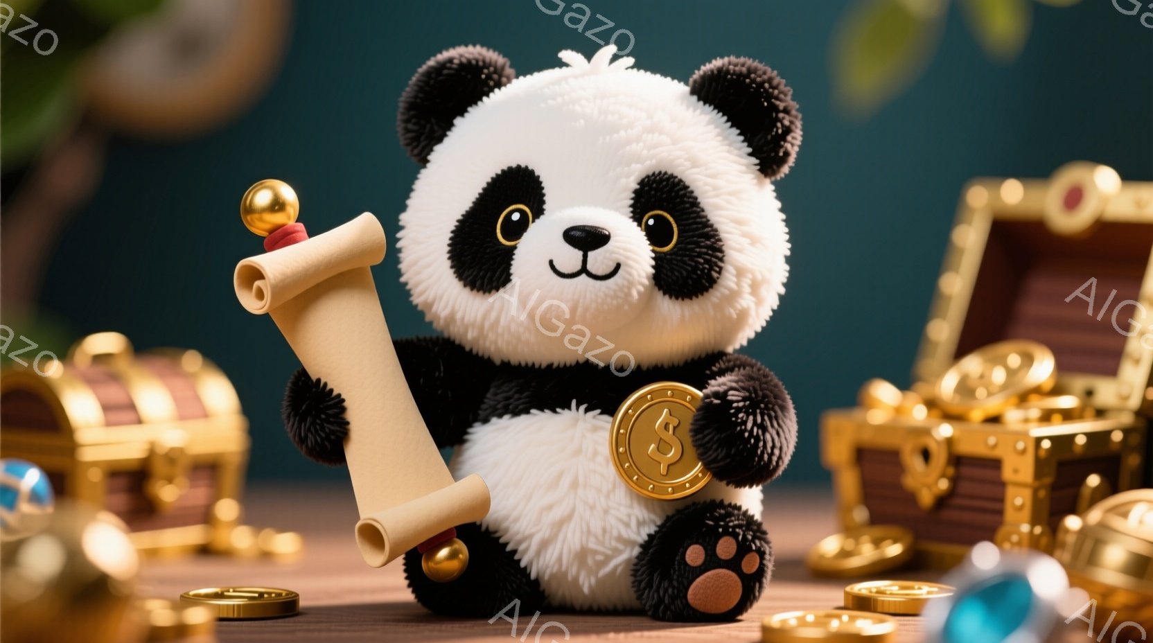 ふわふわのパンダのぬいぐるみは、巻き物と金貨を手に、満足げな表情を浮かべています。背景には宝箱や金貨が散らばっており、まるで宝物を守るパンダのようです。全体的に暖かく、遊び心のある雰囲気です。