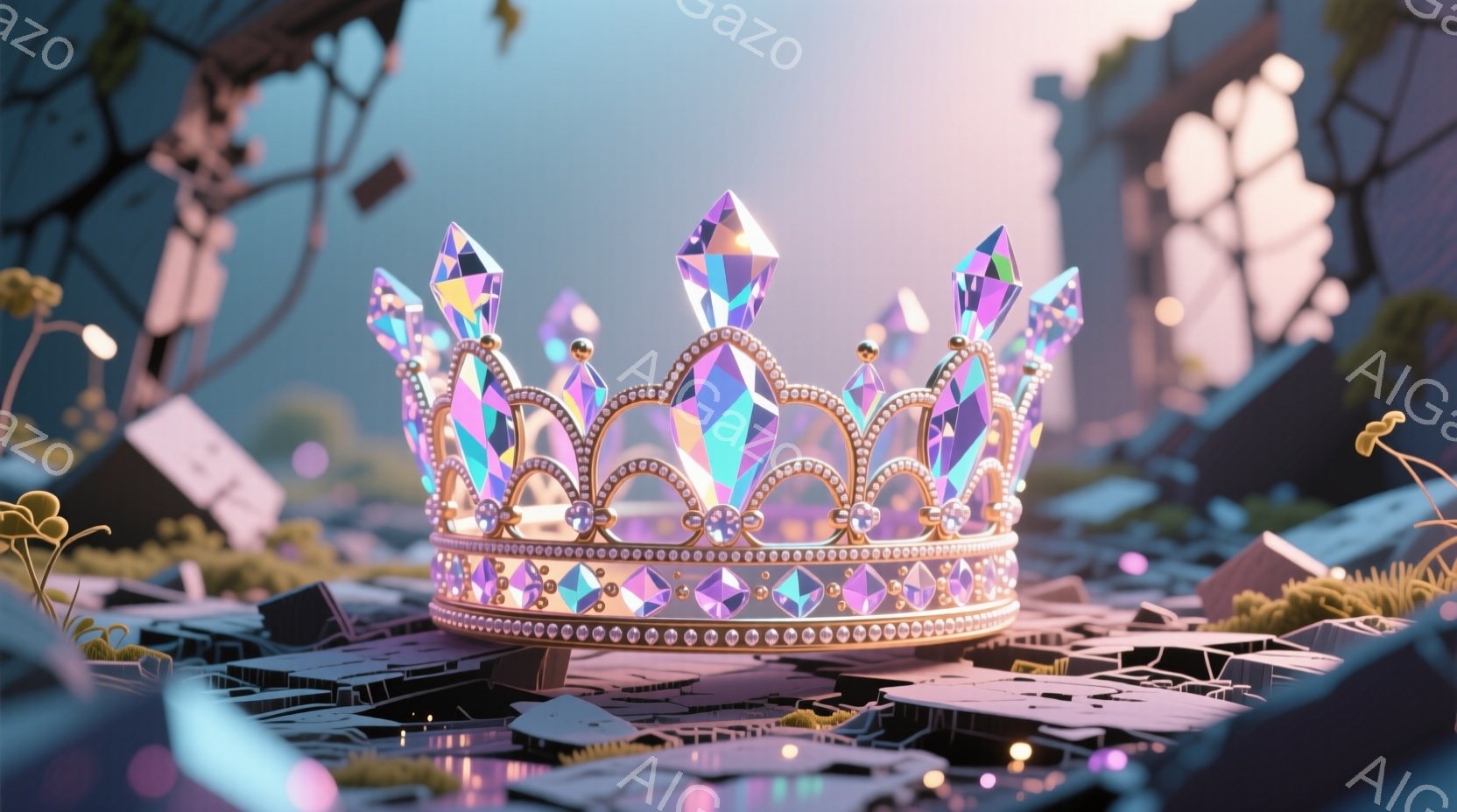 鮮やかな虹色の宝石がちりばめられた金色の王冠が、ひび割れた多角形の地面の上に置かれている。背景には、かすれた紫色の建物と、緑色の苔が生えた岩がぼんやりと見え、まるで滅びた世界の遺跡のような雰囲気である。全体的に、夢幻的で、少し寂しげな、幻想的な雰囲気を醸し出している。