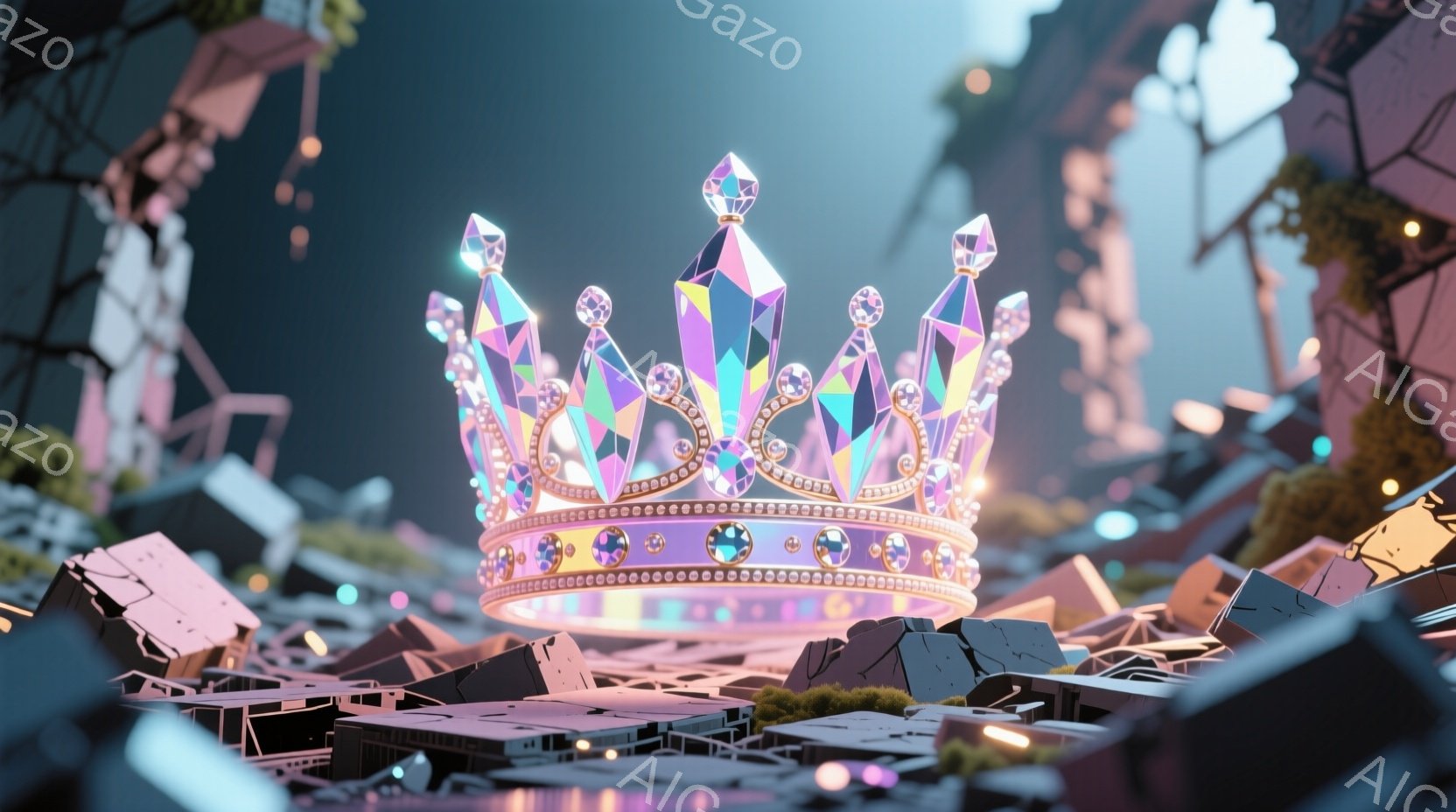 幾何学的なデザインの建物が散りばめられた抽象的な風景の中に置かれた、豪華なティアラを描いています。ティアラは、様々な色の宝石が散りばめられ、鮮やかな光を放っています。背景は、奇妙な形をした建物や、緑色 - AI生成フリー素材