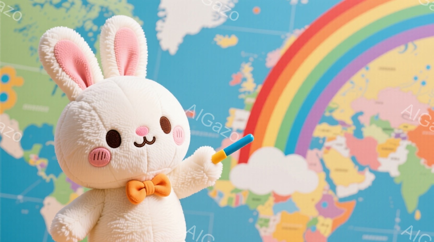 白いふわふわのウサギのぬいぐるみは、オレンジ色の蝶ネクタイをつけていて、片手を上げて青いペンで何かを指しています。背景には、パステルカラーで描かれた世界地図と、白い雲と虹が描かれており、全体的に明るく、夢のような雰囲気です。ウサギの表情は穏やかで、どこか優しい印象を与えます。