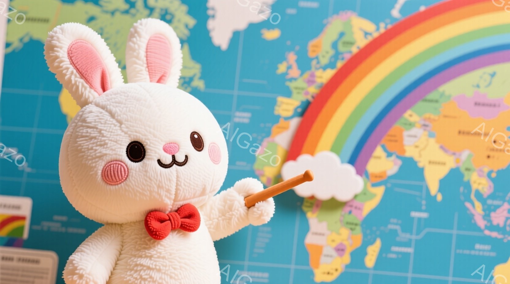 白いふわふわのウサギのぬいぐるみは、赤い蝶ネクタイを付けており、右手を伸ばして何かを指し示しています。背景には、カラフルな世界地図と虹が描かれており、明るく楽しい雰囲気を醸し出しています。全体的に、夢 - AI生成フリー素材