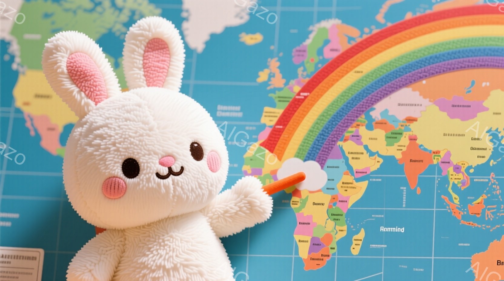 白いふわふわのウサギのぬいぐるみは、カラフルな世界地図の前で立っています。ウサギは片方の前足を上げて、地図のインドを指しています。背景は明るい青色で、全体的に暖かく、遊び心のある雰囲気です。