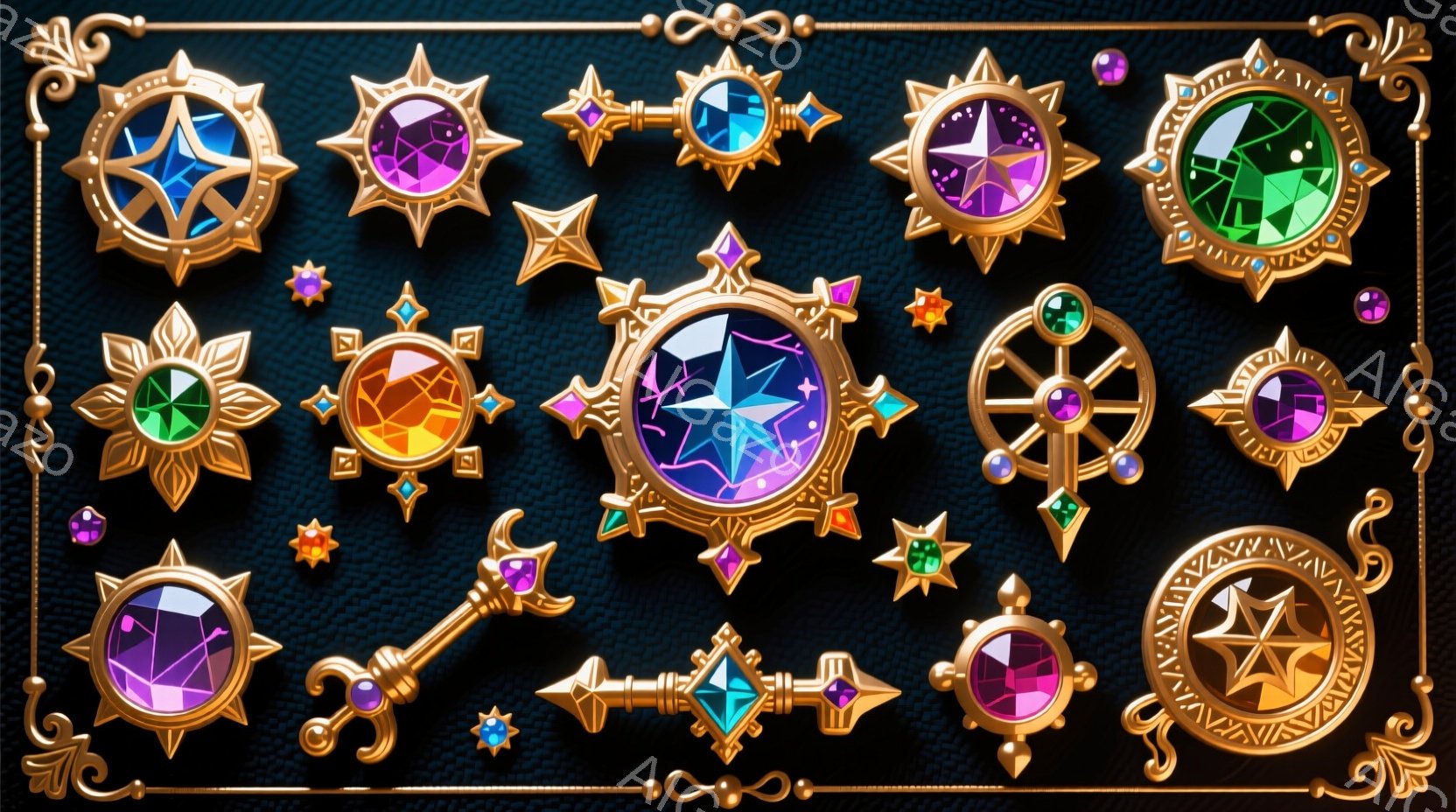 深い藍色の背景に、様々な色の宝石が埋め込まれた精巧な装飾品が散りばめられています。星形や円形、鍵や杖の形をした装飾品は、金色の縁取りで輝き、ファンタジーの世界観を表現しています。きらめく星屑のようなエフェクトが、装飾品全体に神秘的な雰囲気を添えています。