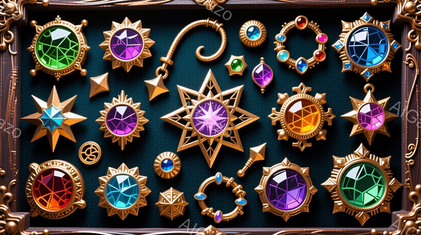 深緑色の背景に、様々な色の宝石が散りばめられた装飾品が配置されています。星形や円形の枠で囲まれた宝石は、赤、青、紫、緑、オレンジなど、鮮やかな色合いで輝き、ファンタジー世界の宝物や魔法アイテムを想起させます。全体的に豪華で神秘的な雰囲気で、何かのコレクションや装飾品をモチーフにしたイラストレーションのようです。