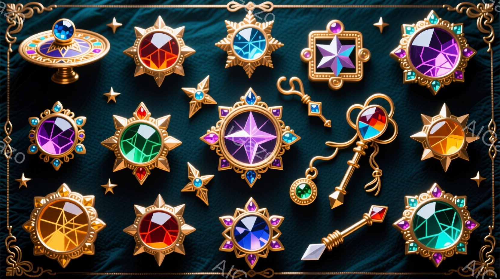 濃い緑色の背景に、様々な宝石がはめ込まれた装飾品が散りばめられています。星形や円形のフレームに、赤、青、紫、緑などのカラフルな宝石が輝き、金色の装飾が上品さを添えています。全体的にファンタジー世界のアイテムのような雰囲気が漂い、宝物や魔法の道具を連想させます。