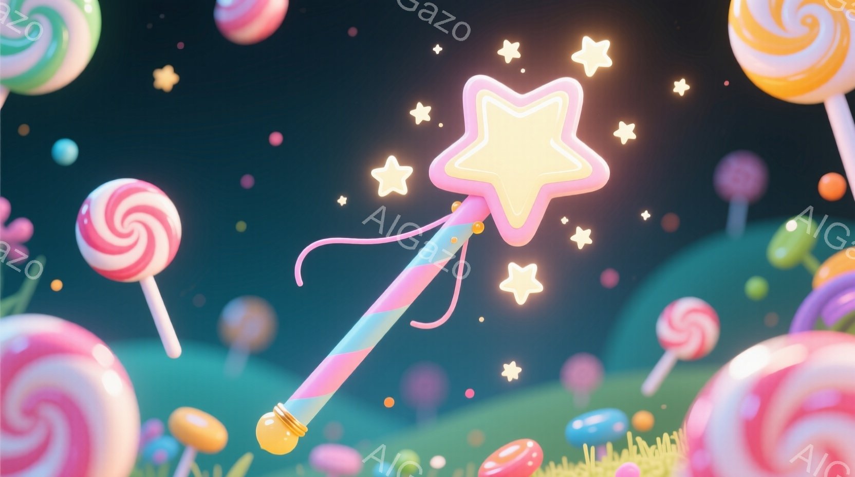 明るいピンク色の背景に、さまざまな色のキャンディーが散りばめられたファンタジーな風景です。中央には、金色の星の飾りとピンク色の軸を持つ魔法の杖が浮かび、周囲に星屑が舞っています。全体的に、甘くて夢幻的 - AI生成フリー素材