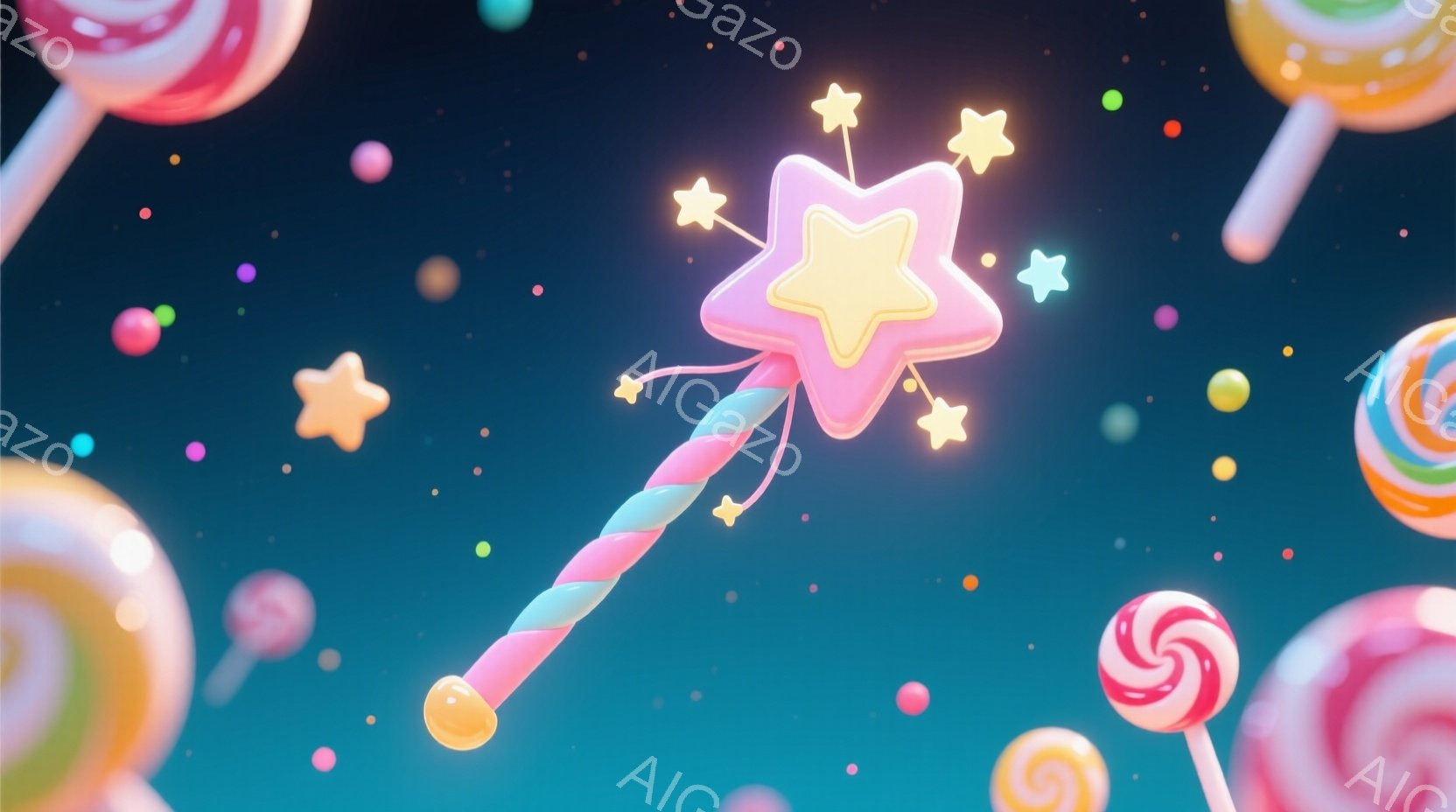 明るいターコイズブルーの背景に、キャンディのようなカラフルな棒付きキャンディや星が散りばめられています。中央には、ピンクと白のストライプ模様の柄と星形の飾りを持つ魔法の杖が浮かんでおり、魔法の輝きが周 - AI生成フリー素材